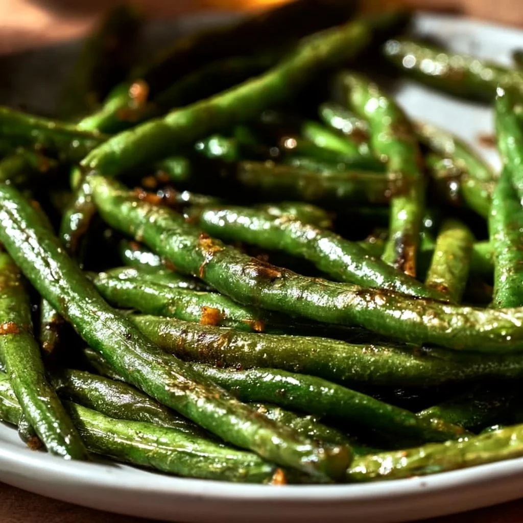 Oven roasted green beans seasoned and ready to serve in a dish.