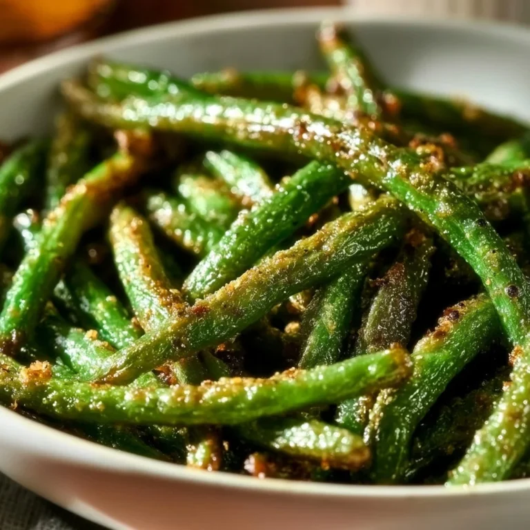 Oven roasted green beans garnished with seasoning on a plate