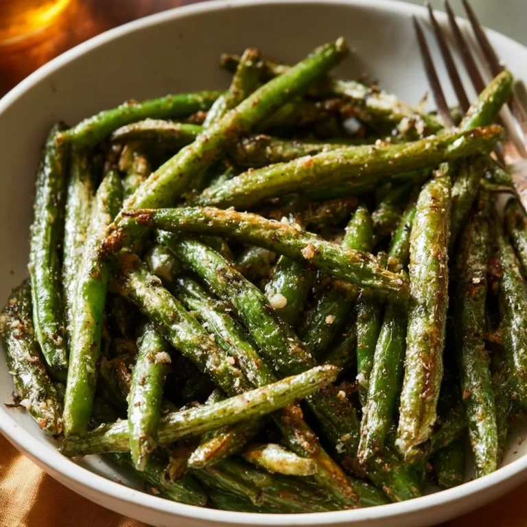 Oven-roasted green beans served in a dish, vibrant and healthy side dish