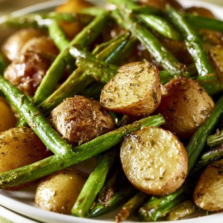 Plate of oven roasted green beans and potatoes seasoned and ready to serve