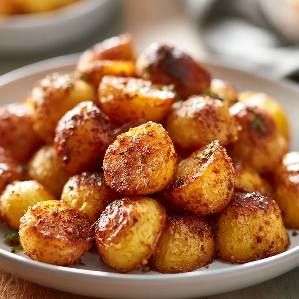Oven roasted mini potatoes seasoned and crispy on a baking tray