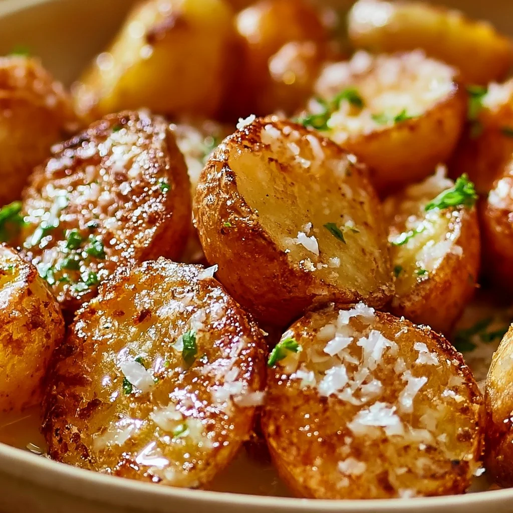 Savory Parmesan Crusted Potatoes topped with garlic butter for added flavor