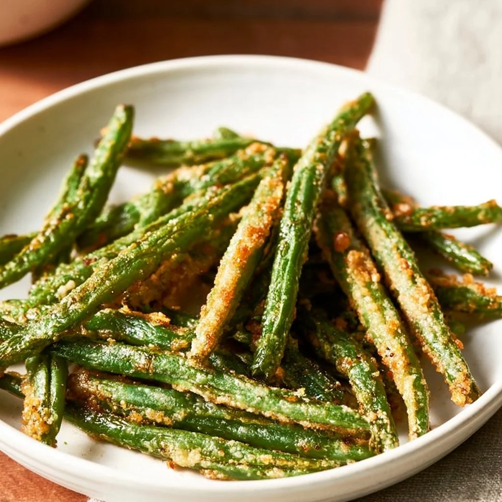Crispy Parmesan Green Bean Fries served on a plate, garnished with herbs.