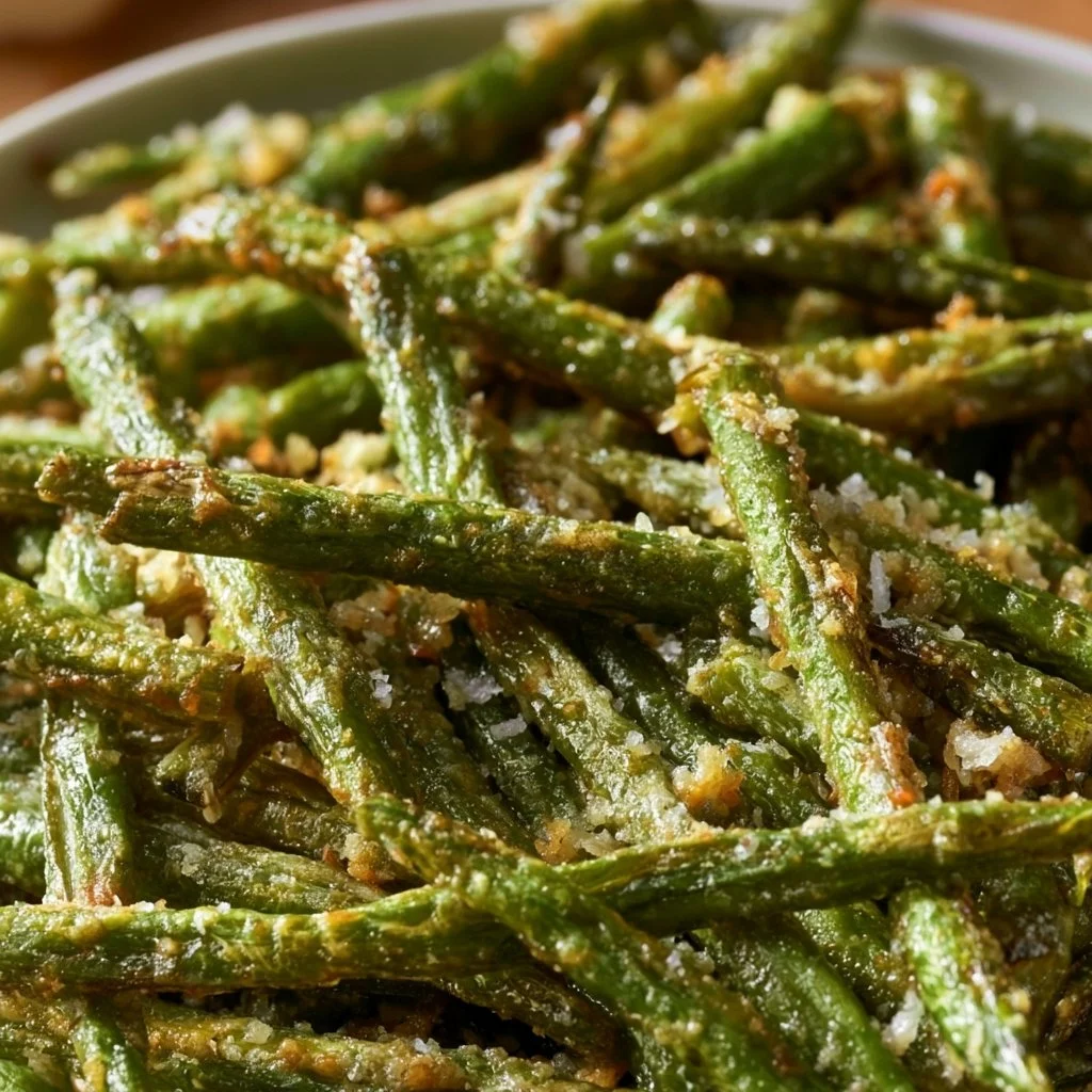 Parmesan Roasted Green Beans served in a bowl, garnished with cheese and herbs.