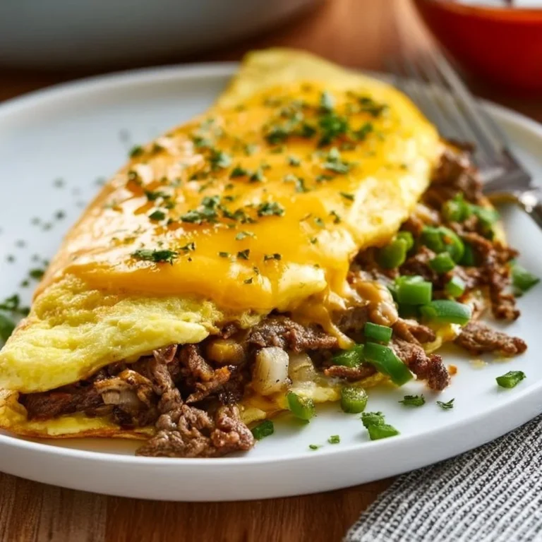 Philly Cheesesteak Omelette with steak, cheese, and peppers served on a plate