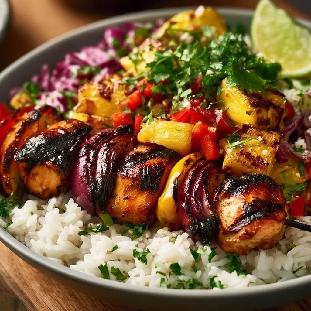 Delicious Pineapple Chicken Kebab Rice Bowl with fresh vegetables and sauce