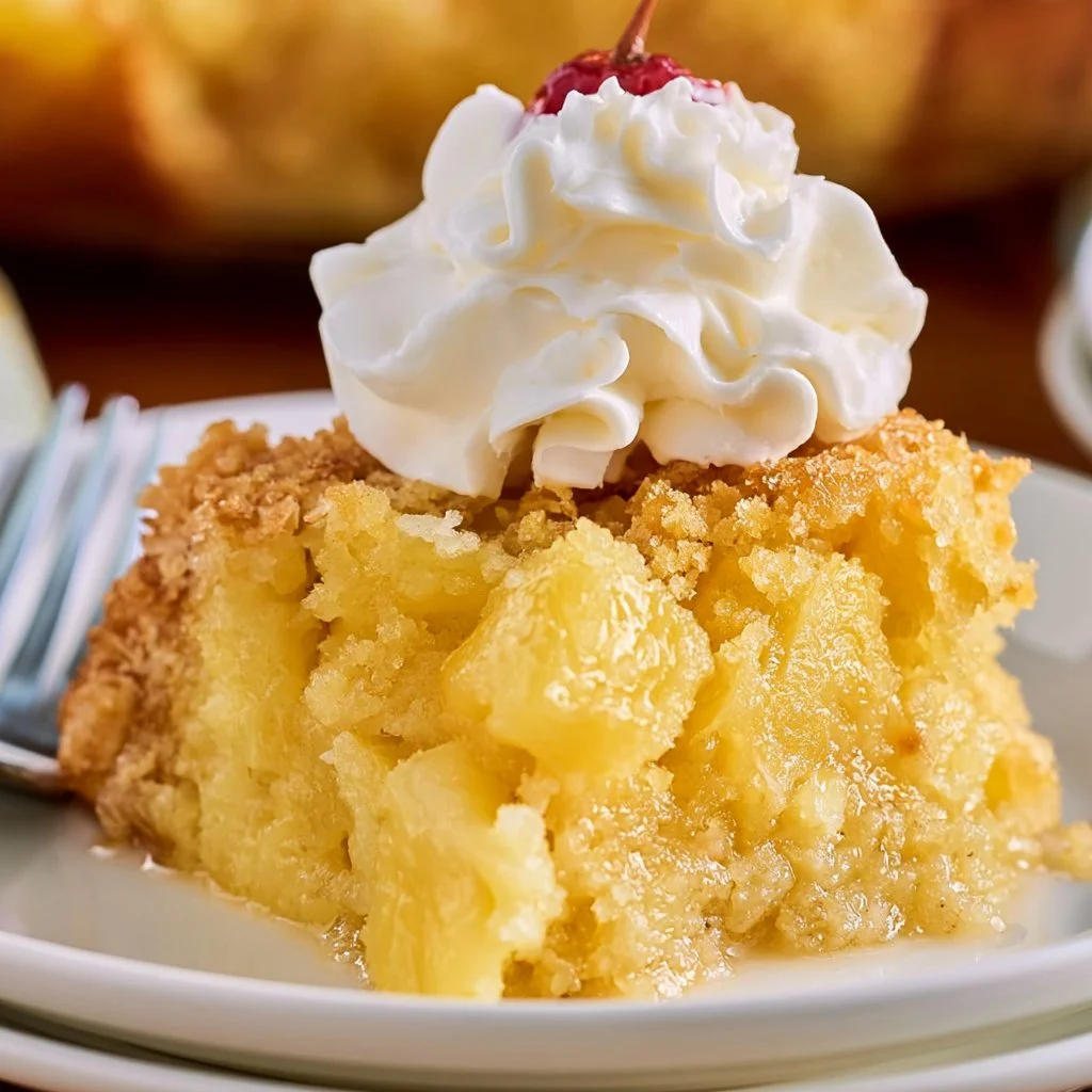 Delicious Pineapple Dump Cake served on a plate with a tropical garnish