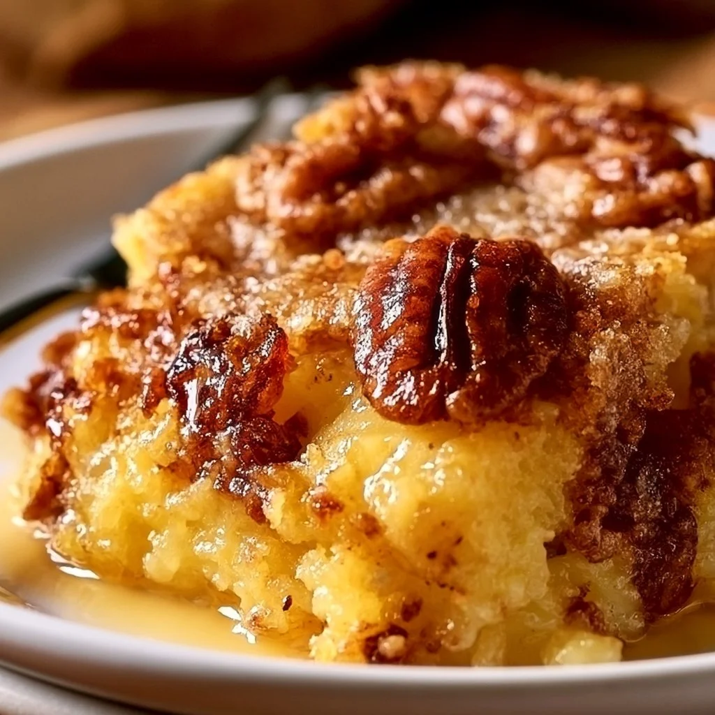 Delicious Pineapple Pecan Dump Cake served on a plate with a scoop of ice cream