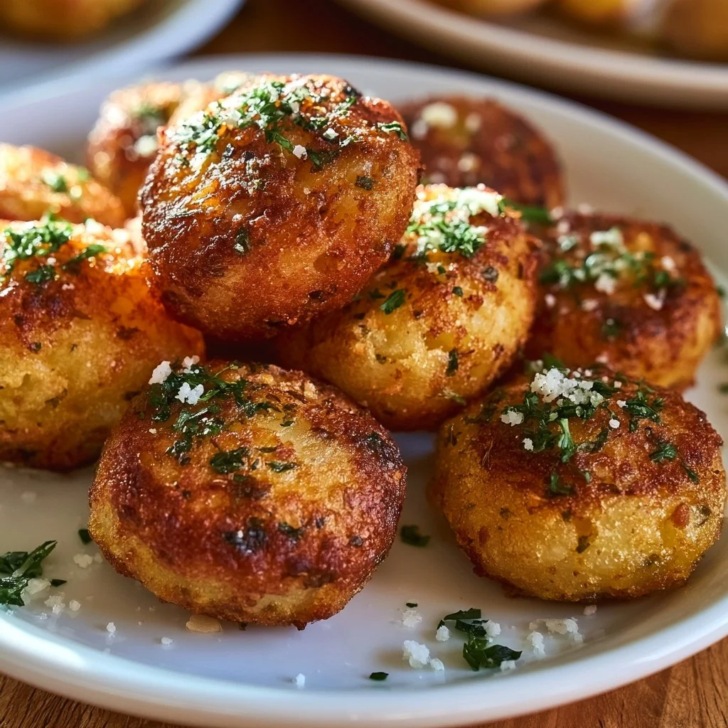 A plate of crispy, golden-brown potato fritters served with dipping sauce.