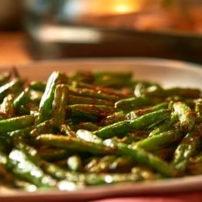 Picture of perfectly roasted green beans served as a healthy side dish.