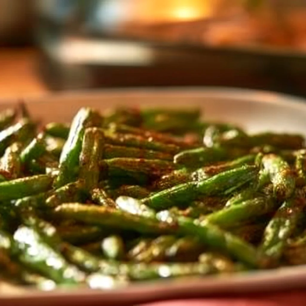 Picture of perfectly roasted green beans served as a healthy side dish.