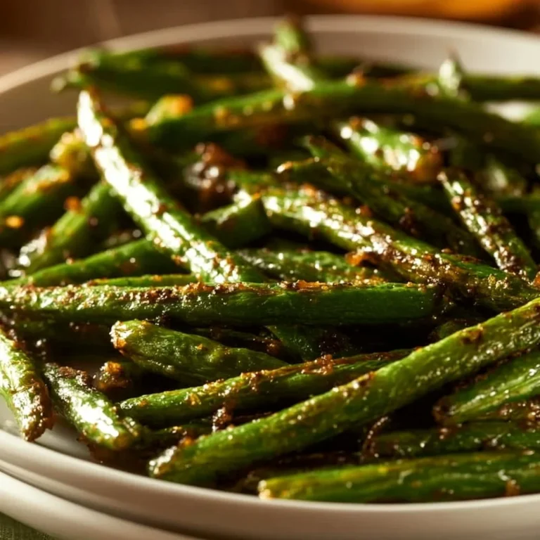 Plate of flavorful roasted green beans garnished with herbs.