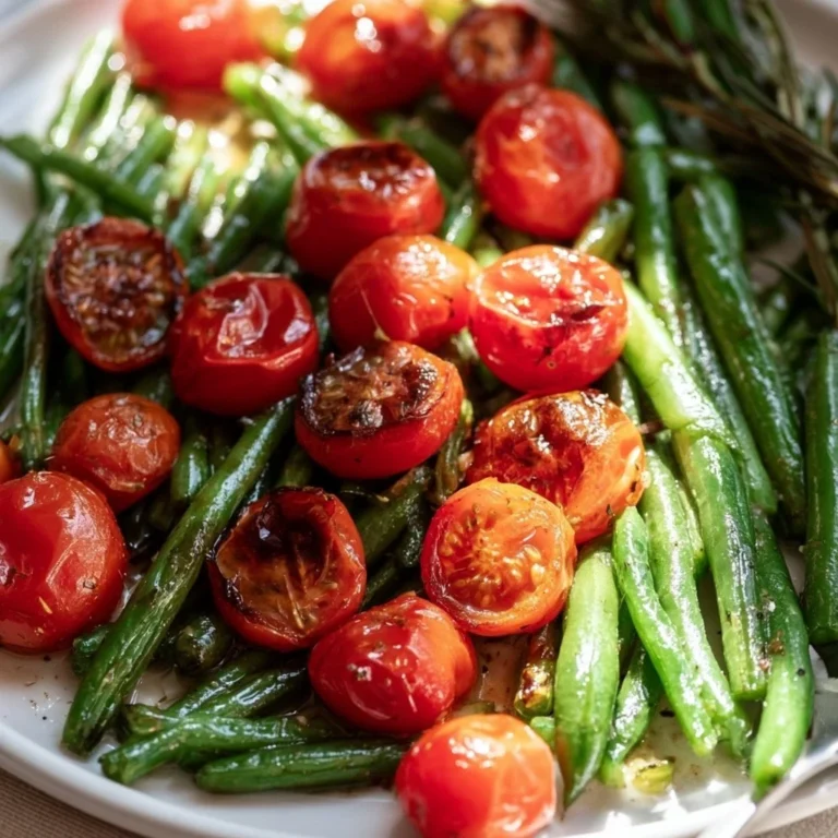 Delicious roasted tomatoes with green beans dish garnished with herbs