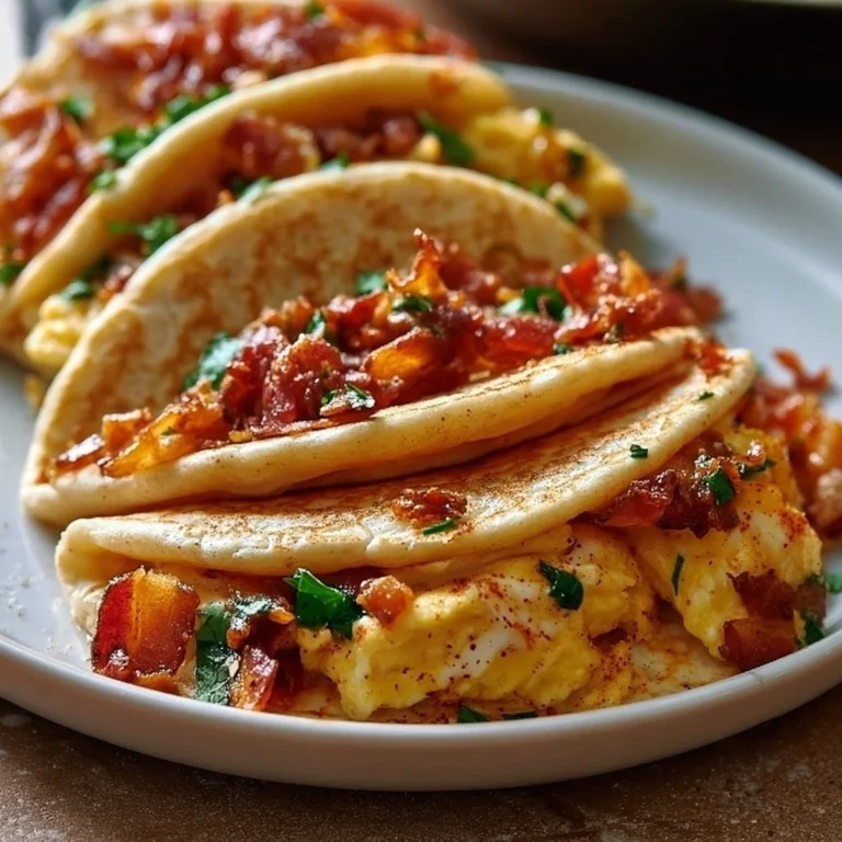 Savory pancake tacos with crispy bacon and soft scrambled eggs served on a plate.