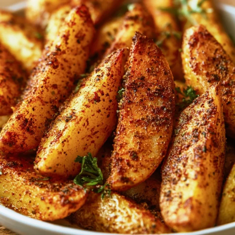 Seasoned baked potato wedges on a plate, crispy and golden brown.