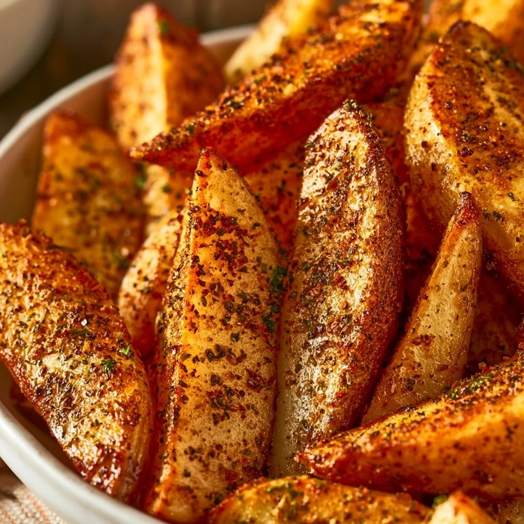 Crispy seasoned baked potato wedges served in a bowl