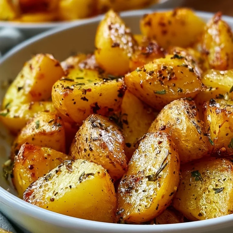 Simple crispy Greek lemon potatoes served on a plate with herbs