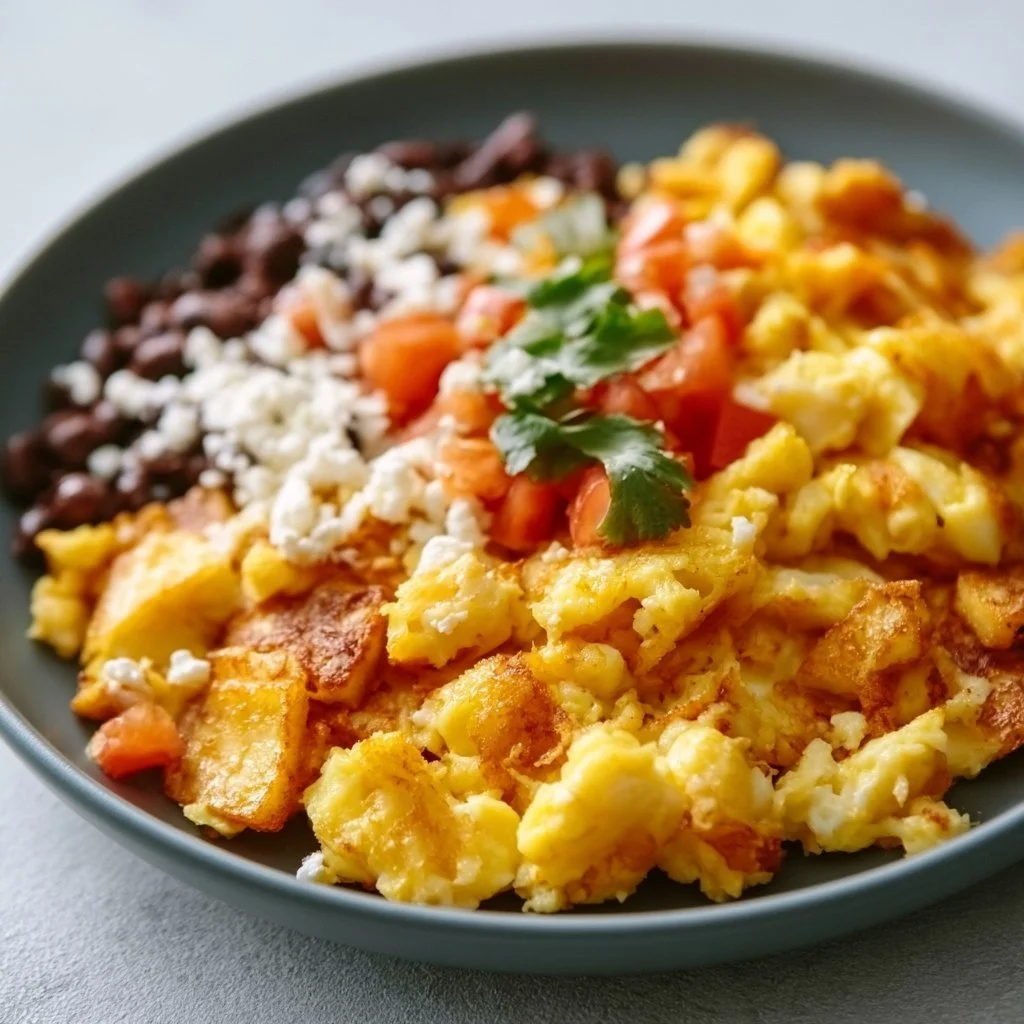 Simple Mexican breakfast dish featuring eggs, tortillas, and fresh salsa