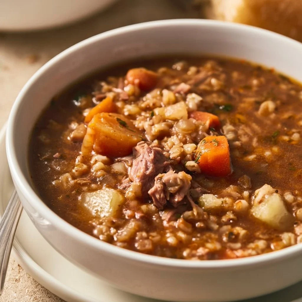 Bowl of slow cooker beef barley soup with beef, barley, and vegetables