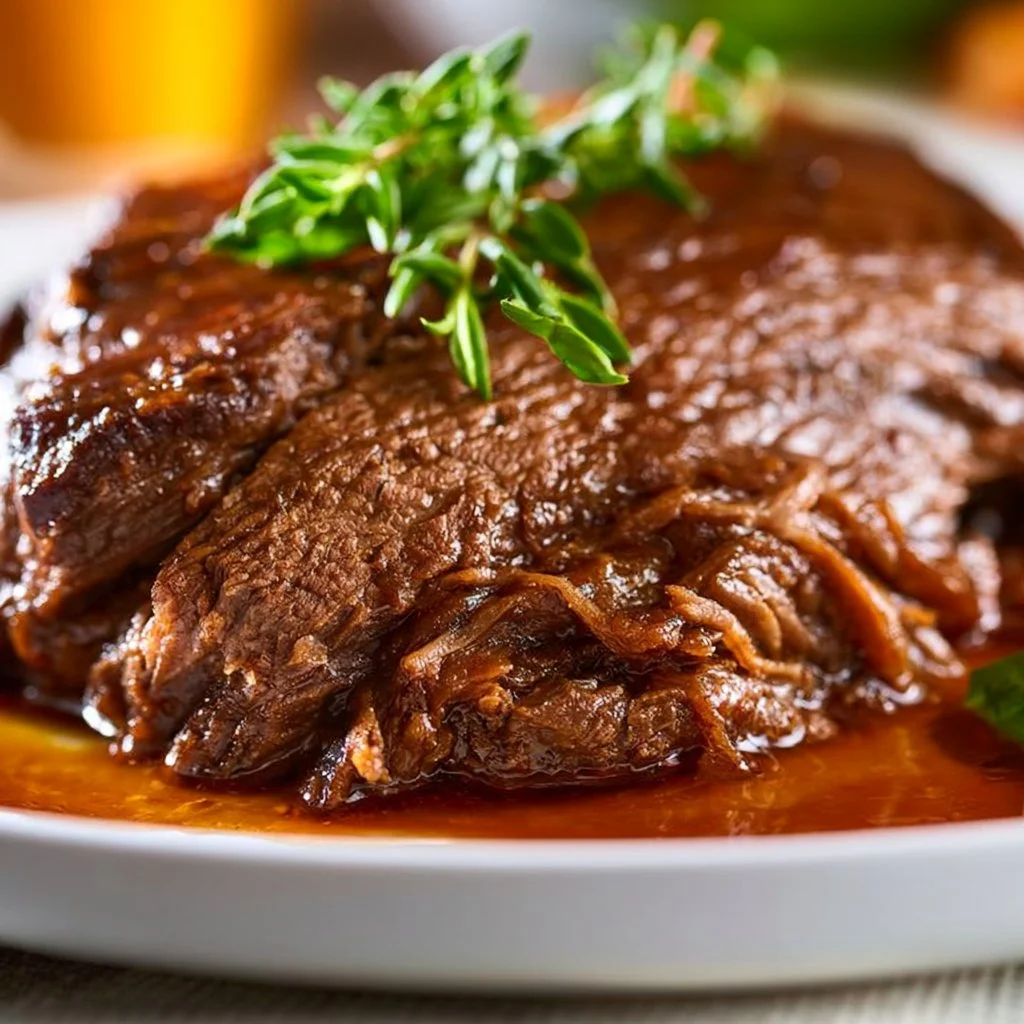 Slow cooker beef brisket in a serving dish garnished with herbs