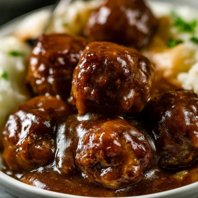 Slow cooker Salisbury steak meatballs served on a plate with creamy gravy