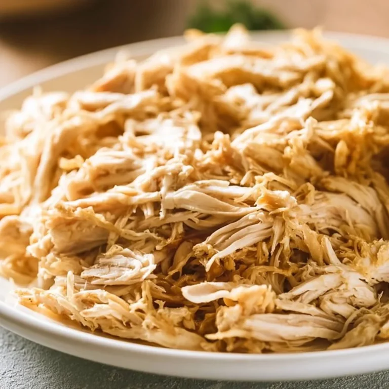 Slow cooked shredded chicken in a bowl with seasoning and herbs