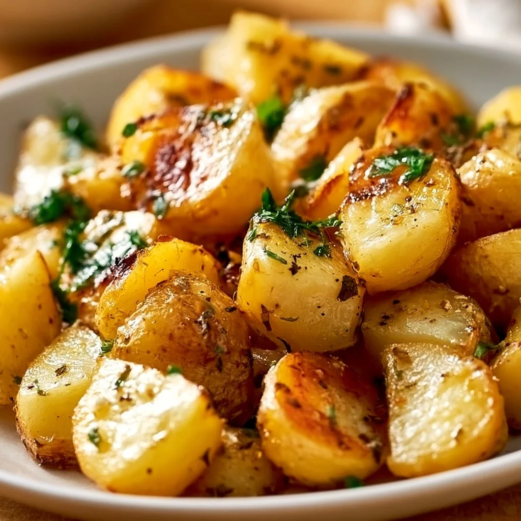 Delicious Slow Roasted Greek Lemon Potatoes garnished with herbs.