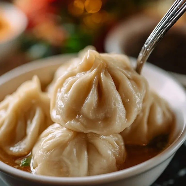 Delicious soup dumplings served in a bamboo steamer.