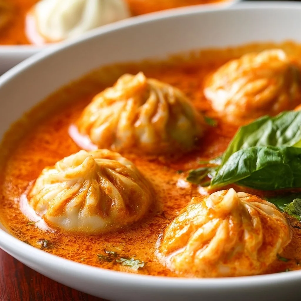 Soup dumplings served in a flavorful Thai red curry sauce