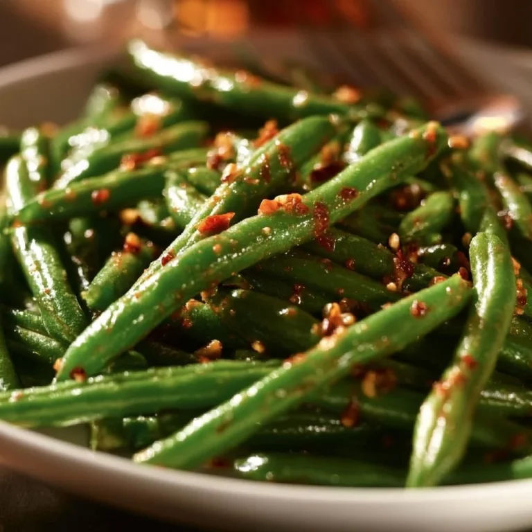 Delicious spicy green beans dish garnished and ready to eat