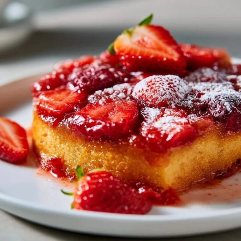 Delicious Strawberry Upside Down Cake with fresh strawberries and a caramelized top
