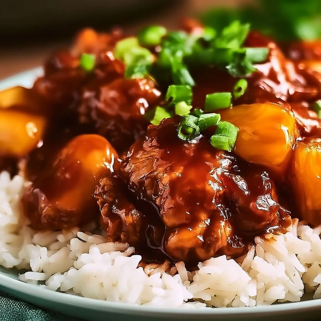 Sweet Hawaiian Crock-Pot Chicken recipe served in a bowl, showcasing tropical ingredients.
