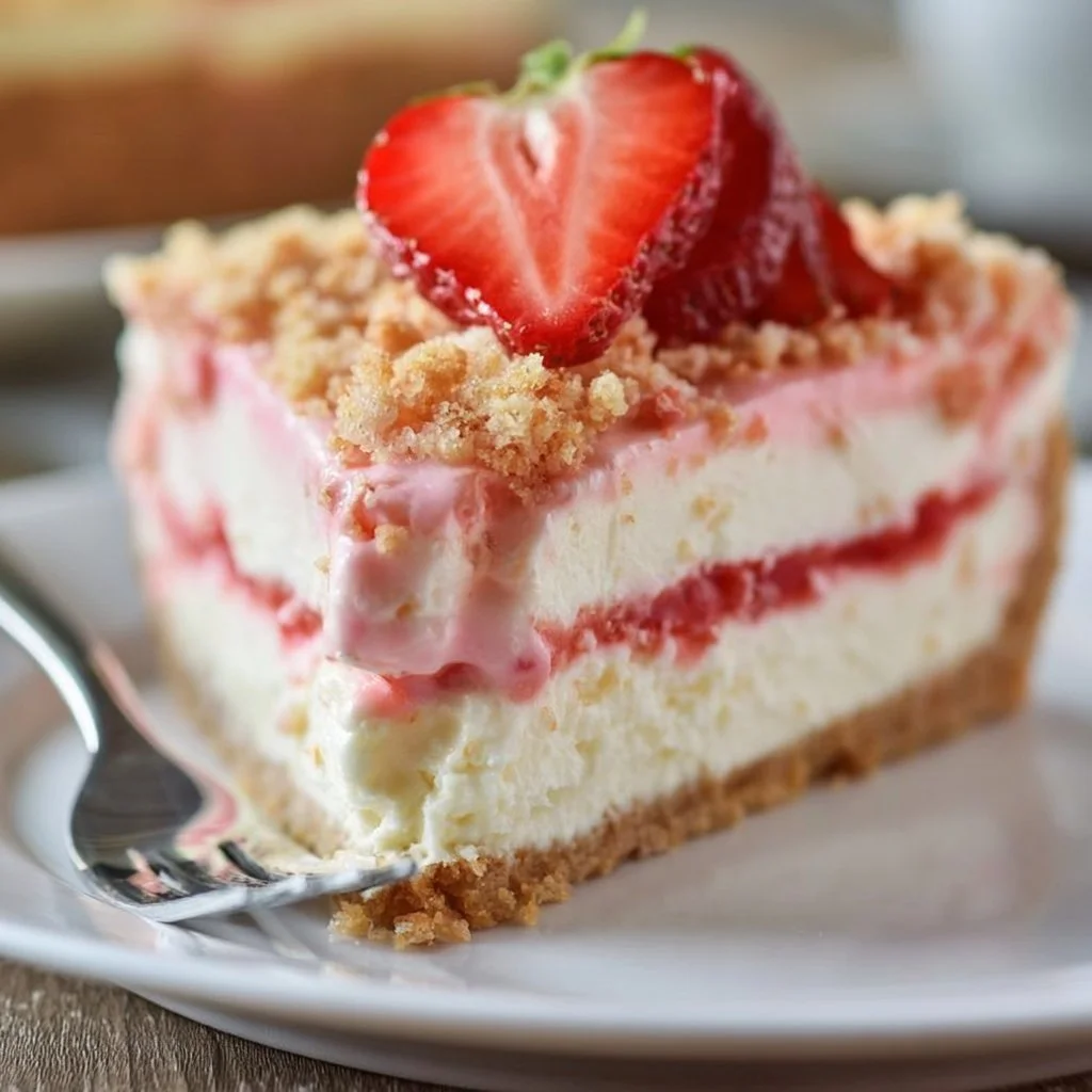 Delicious slice of strawberry crunch cheesecake with fresh strawberries on top