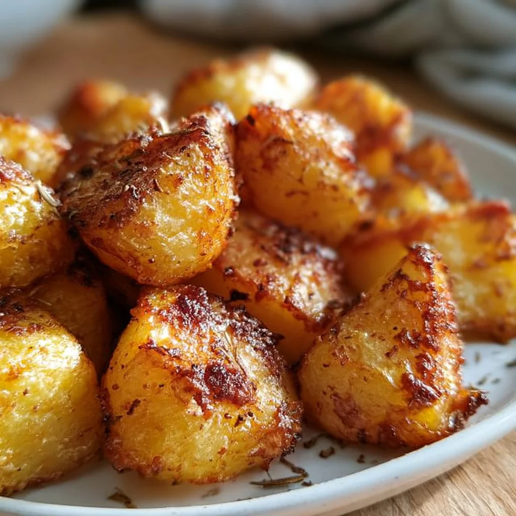 Plate of crispy oven roasted potatoes garnished with herbs