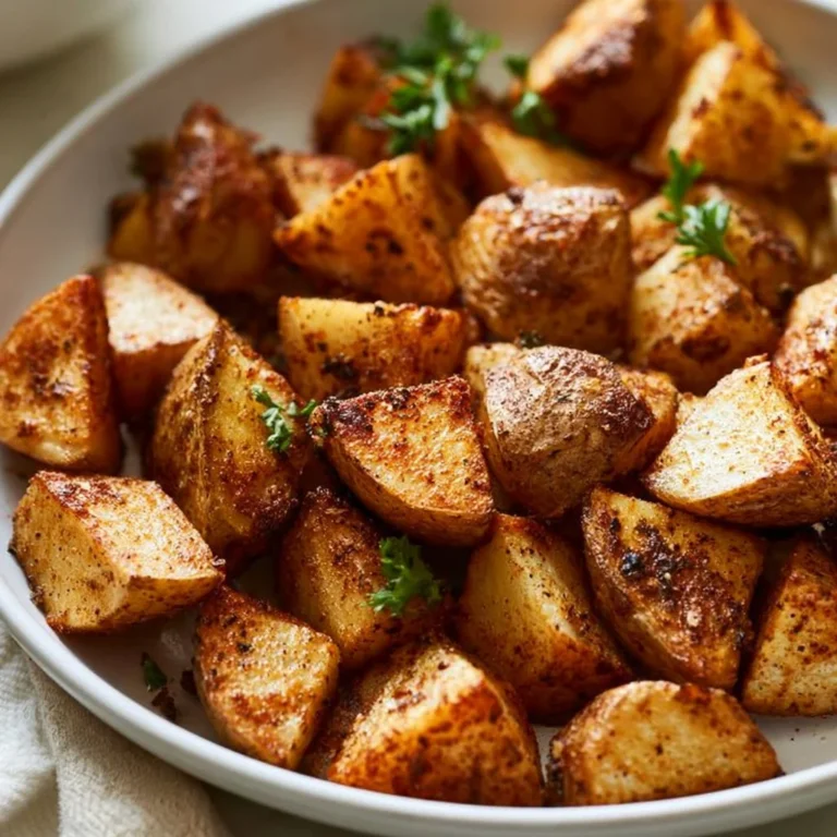 Bowl of seasoned roasted potatoes cooked in an oven and air fryer, garnished with herbs.