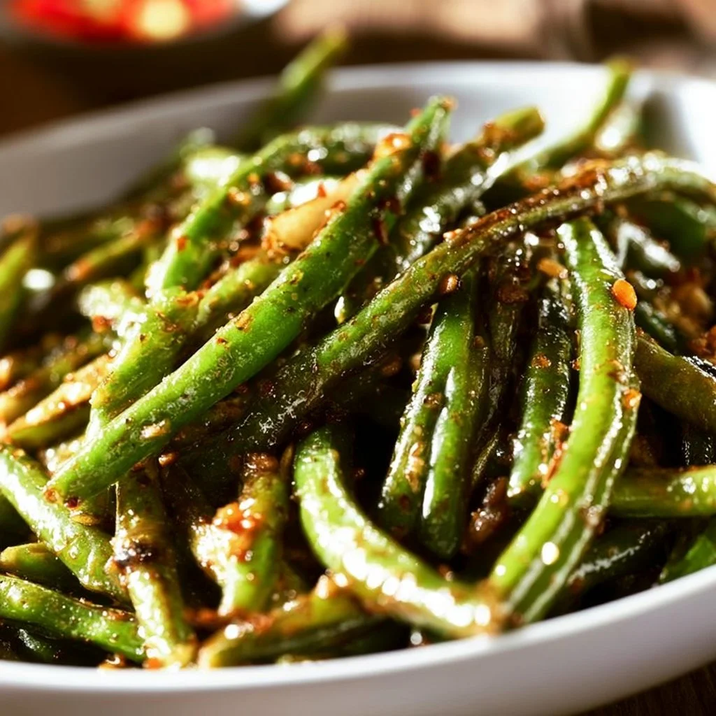 Vibrant pan fried green beans sautéed for a flavorful side dish