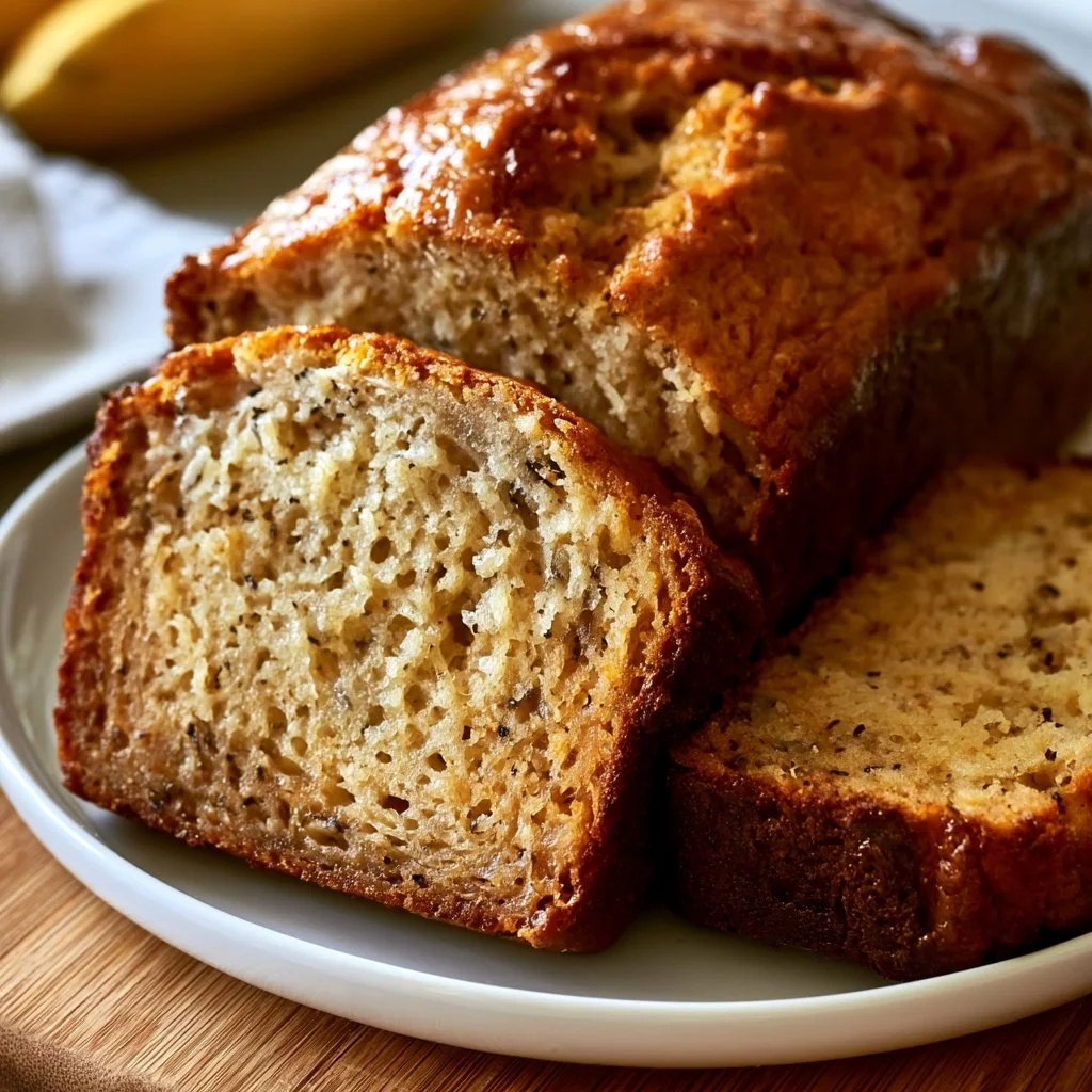 Deliciously baked banana bread loaf on a wooden table.