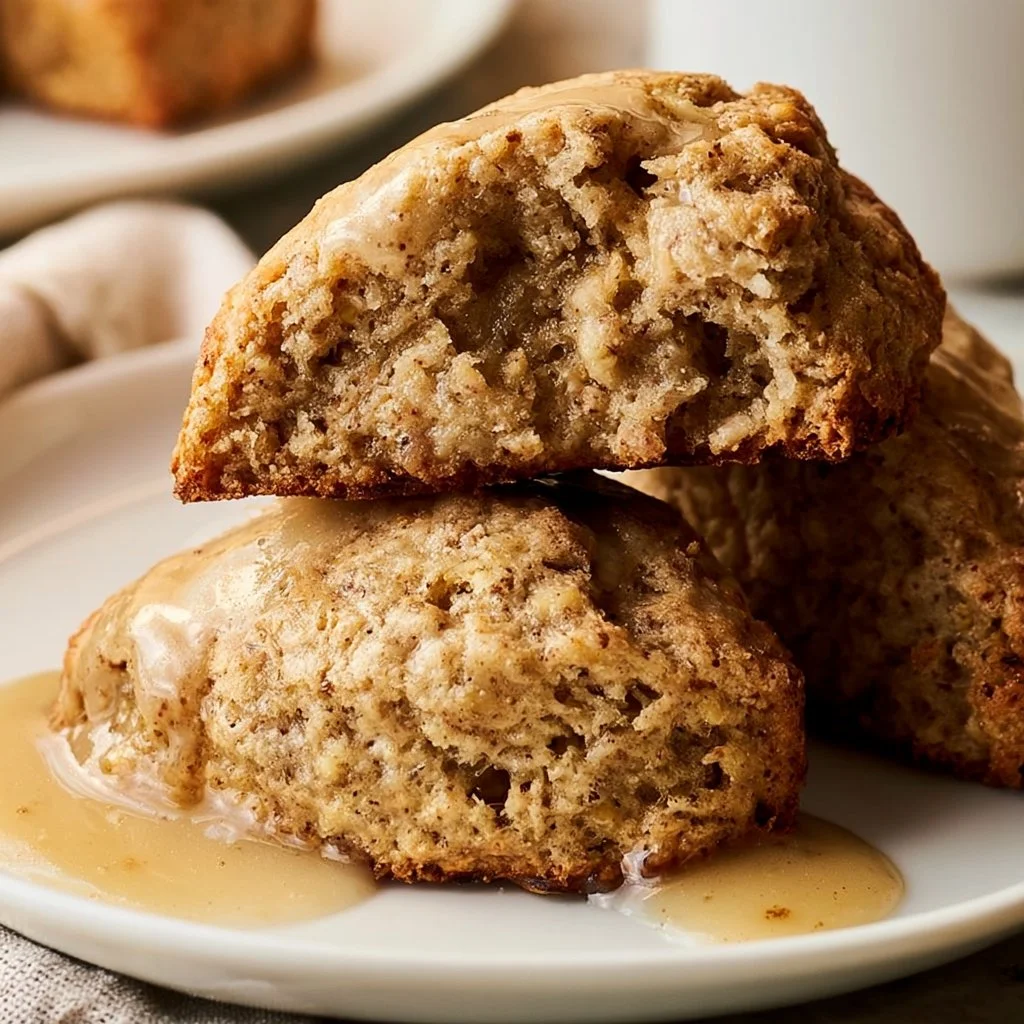 Freshly baked banana bread scones served on a plate.
