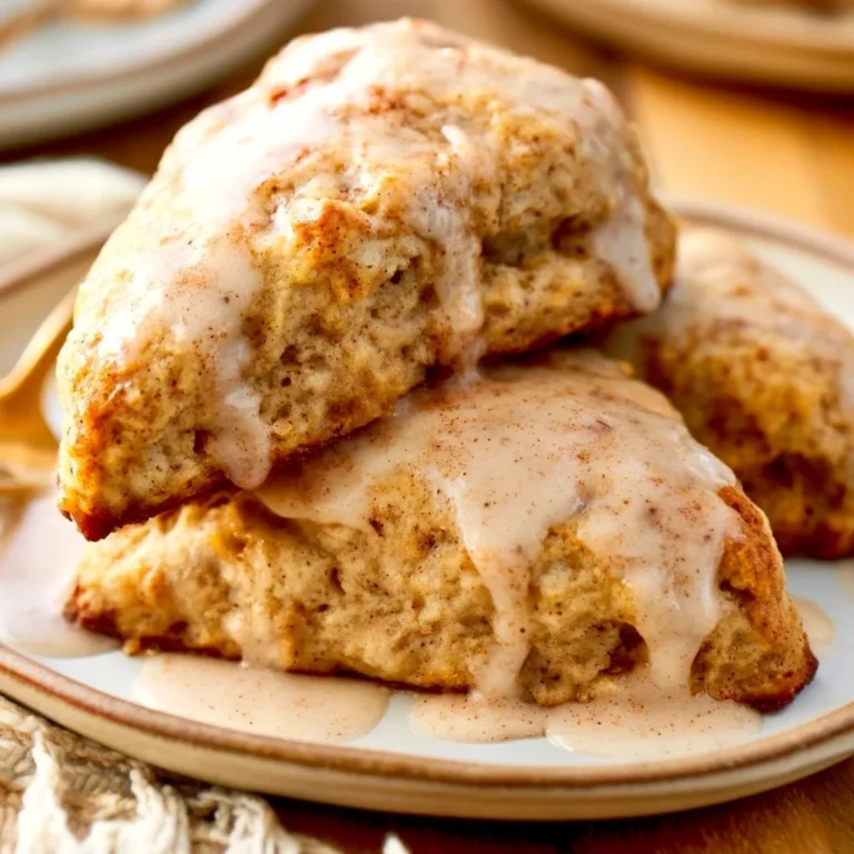Banana bread scones with cinnamon cream cheese glaze on a plate