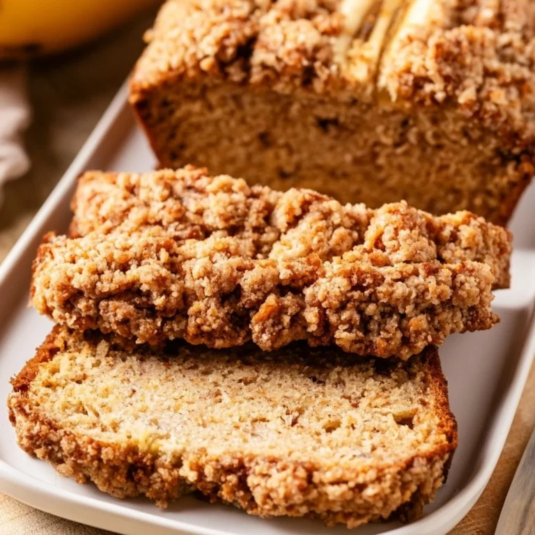 Moist banana bread topped with a crunchy streusel layer, perfect for any occasion