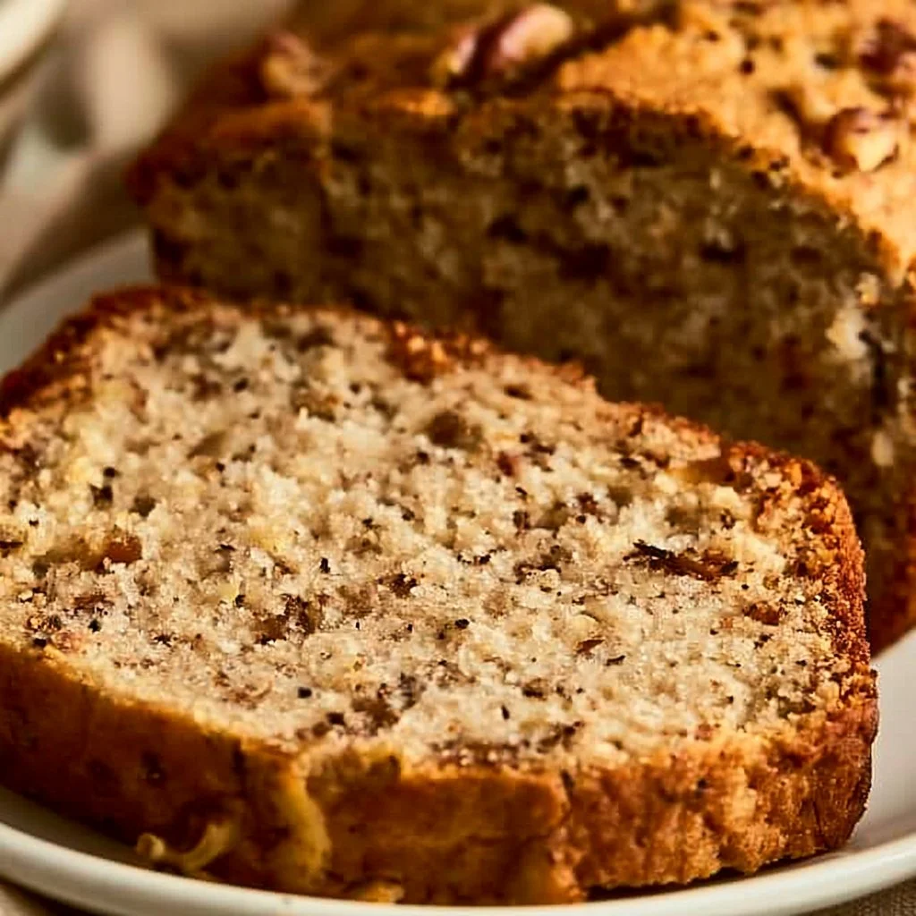 Delicious homemade Banana Nut Bread with nuts and ripe bananas