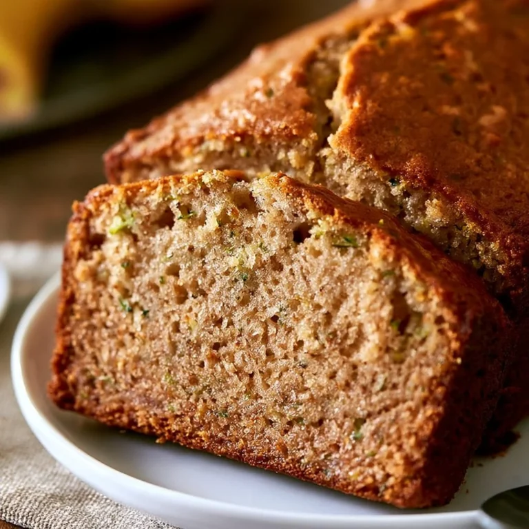 Homemade banana zucchini bread sliced and served on a wooden platter