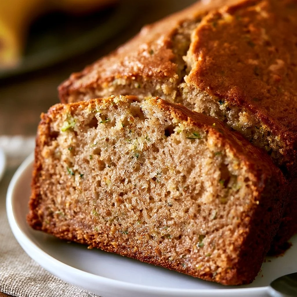 Homemade banana zucchini bread sliced and served on a wooden platter