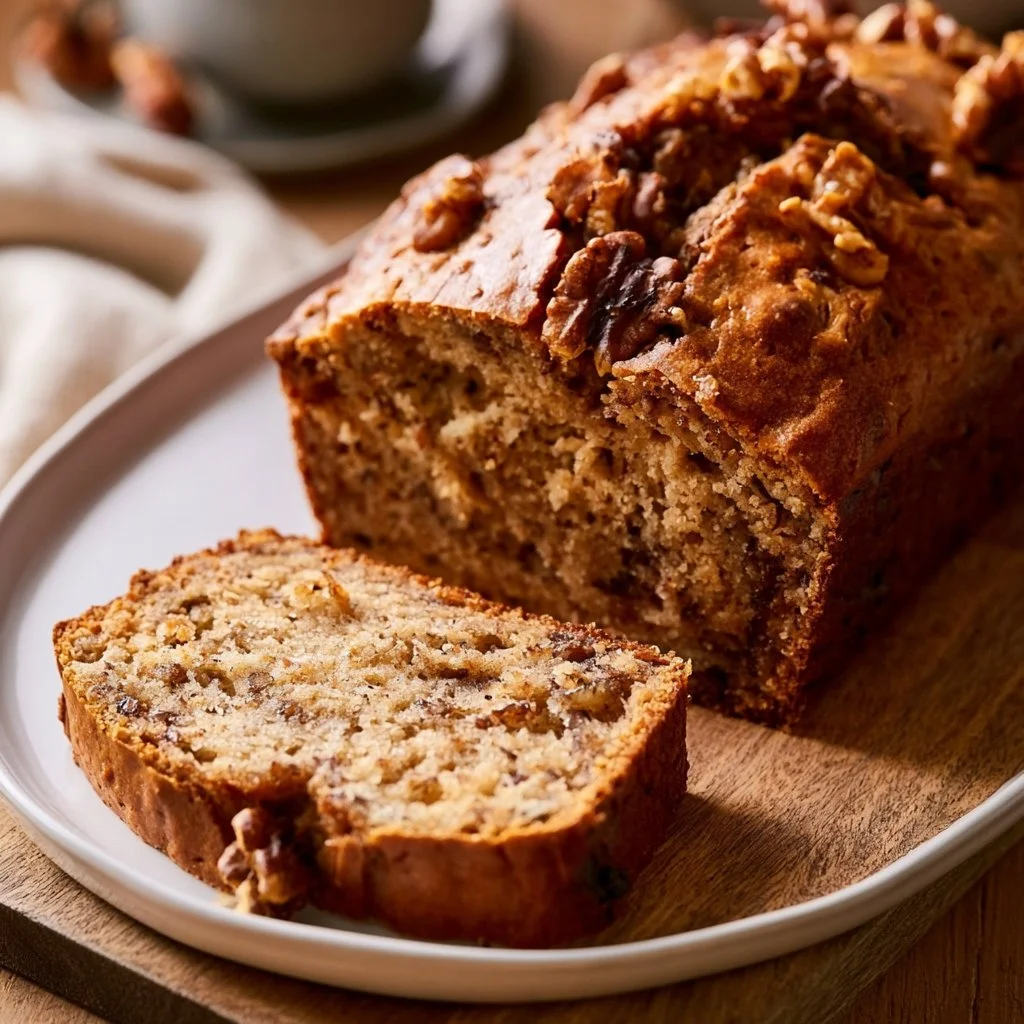A freshly baked loaf of best banana bread on a cutting board