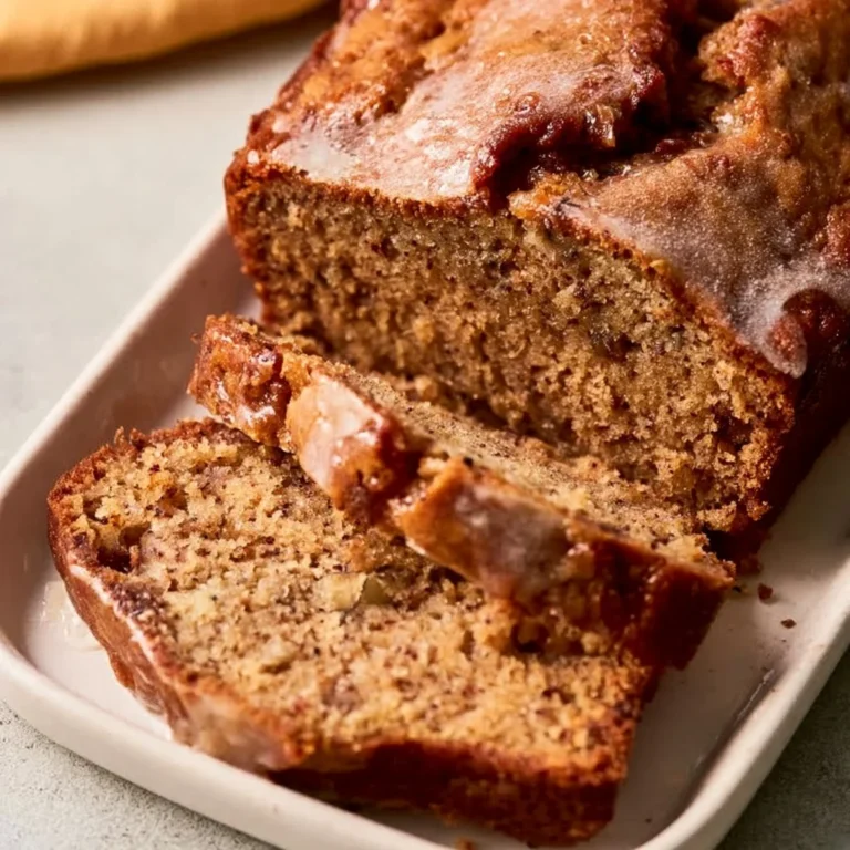 Loaf of best banana bread with slices on a wooden cutting board