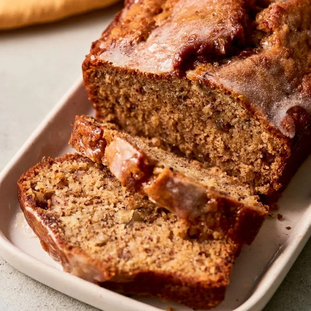 Loaf of best banana bread with slices on a wooden cutting board