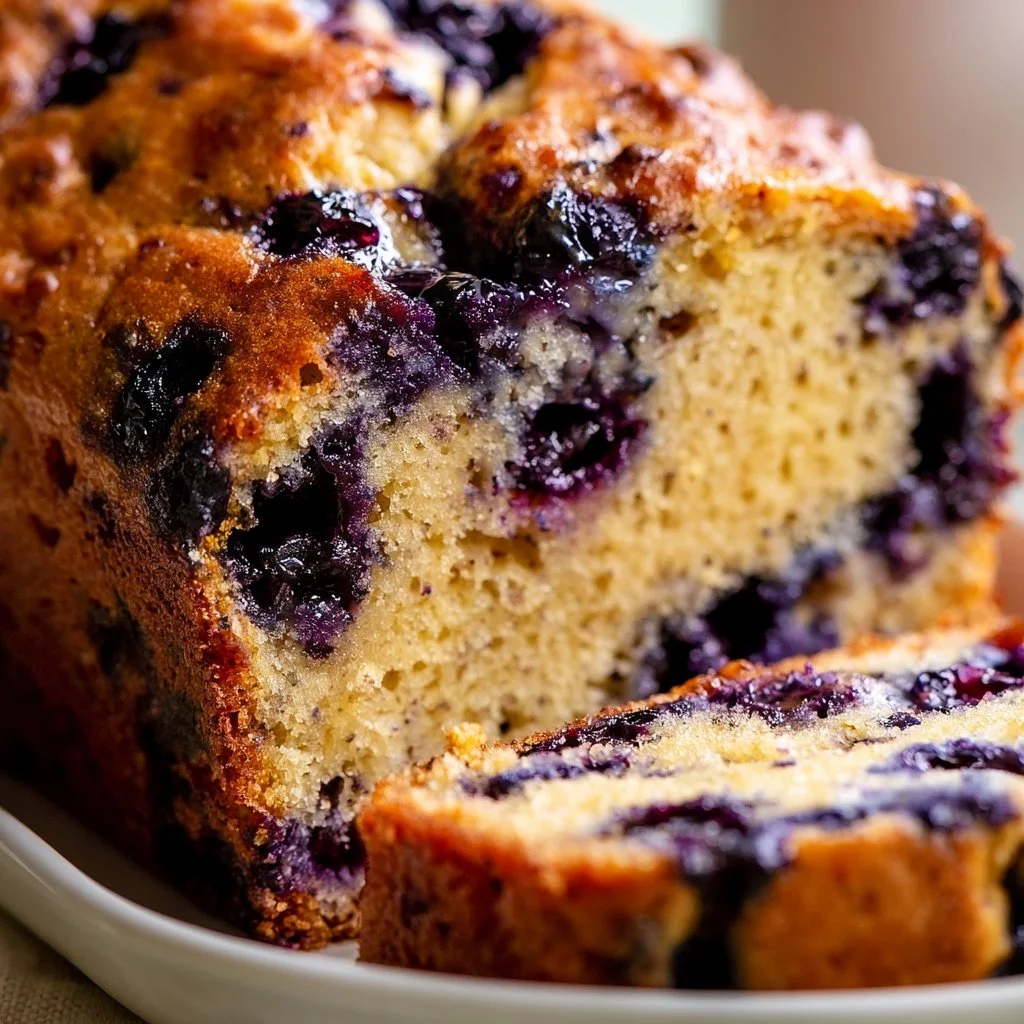 Freshly baked blueberry banana bread with ripe bananas and blueberries