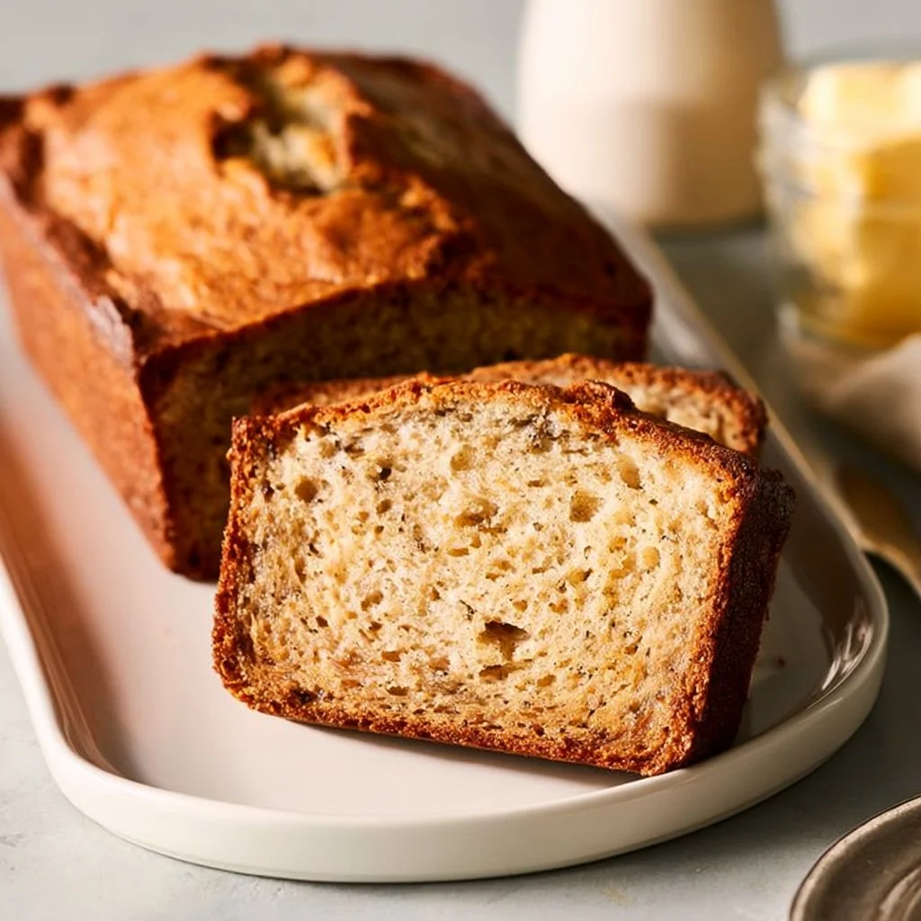 Loaf of classic banana bread with slices served on a wooden table
