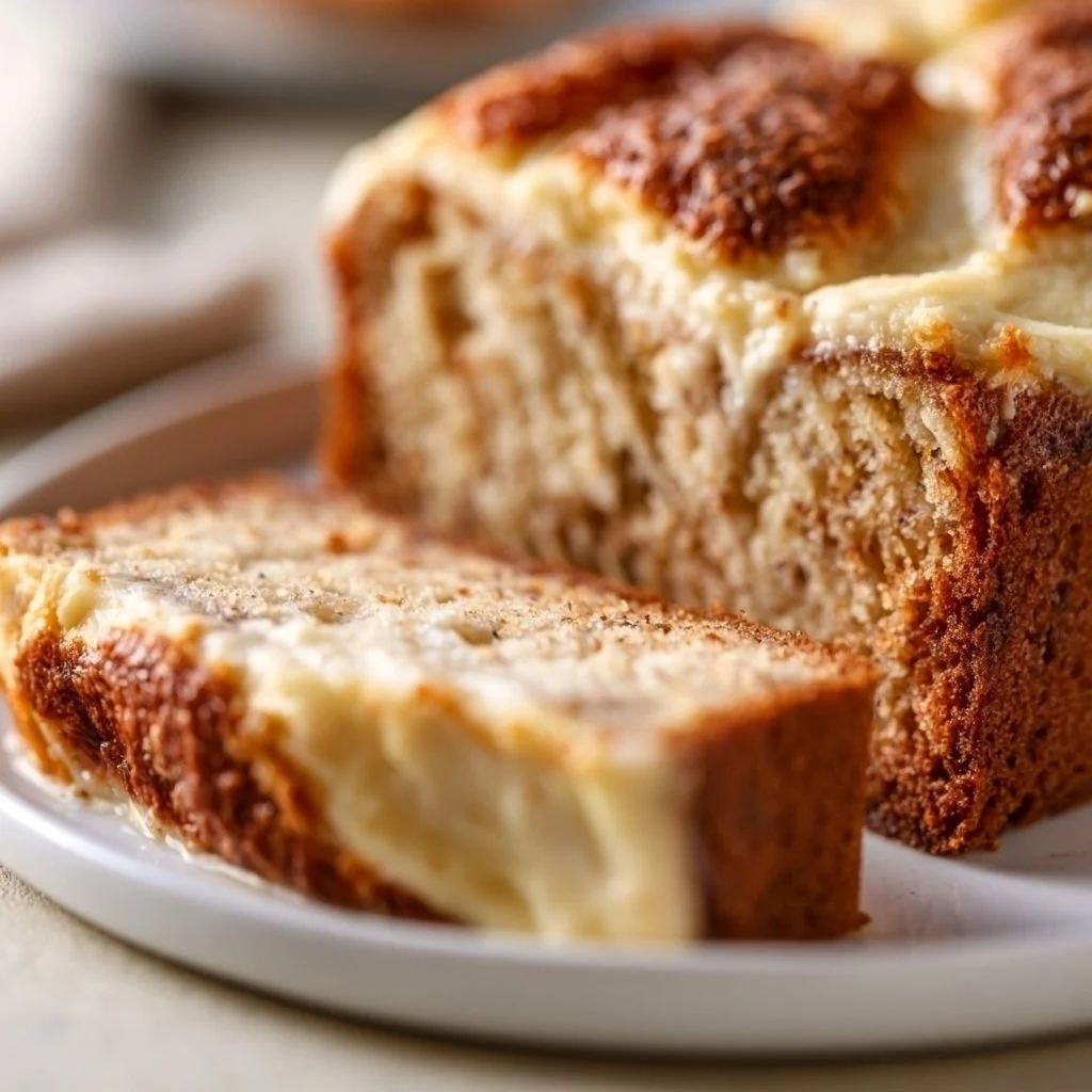 Delicious slice of cream cheese banana bread on a wooden cutting board