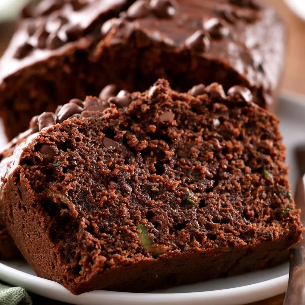 Delicious double chocolate chip zucchini bread with melted chocolate chips on top